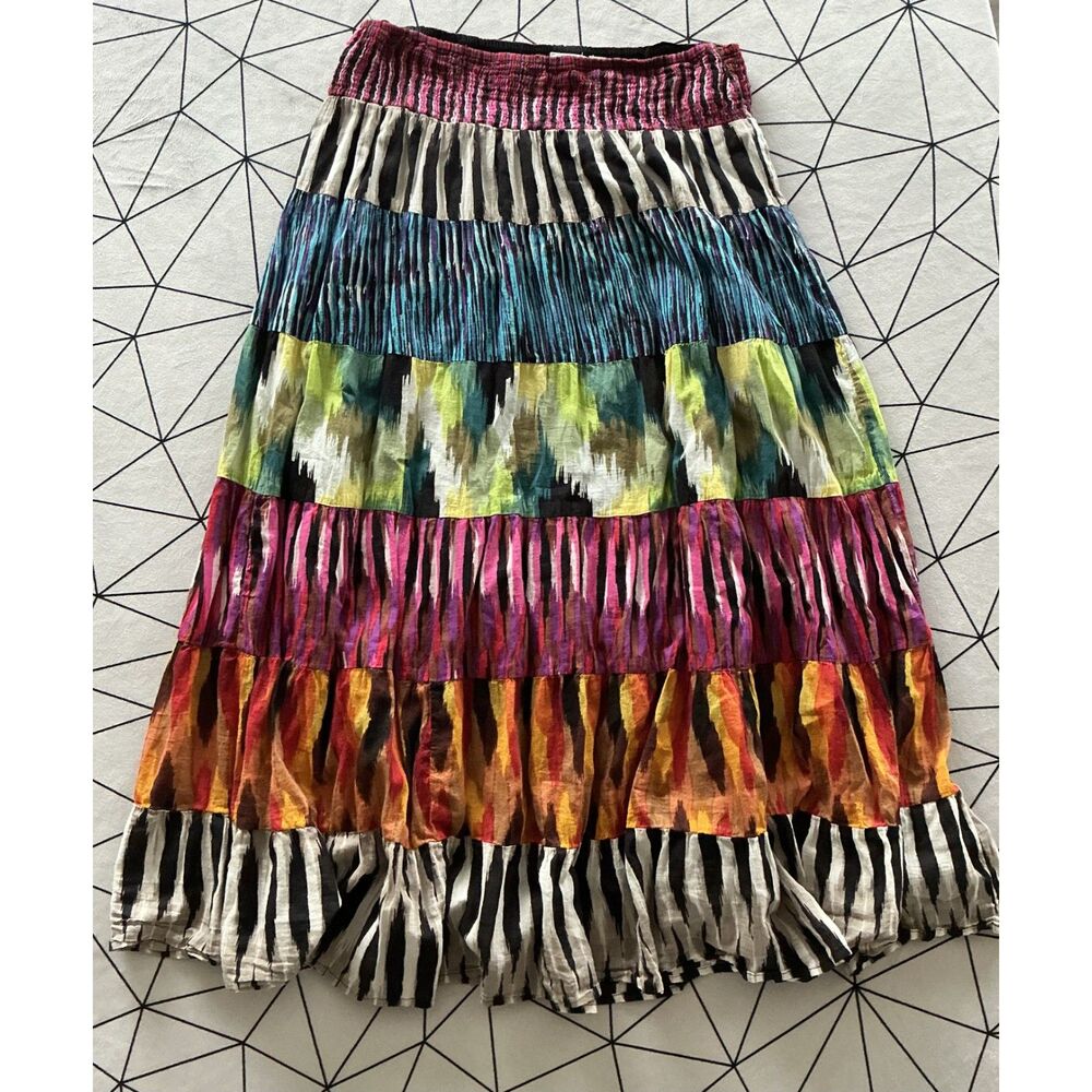 Tiered Maxi Skirt Size M Mixed Print Crinkle Pleated Boho Festival Colorful
